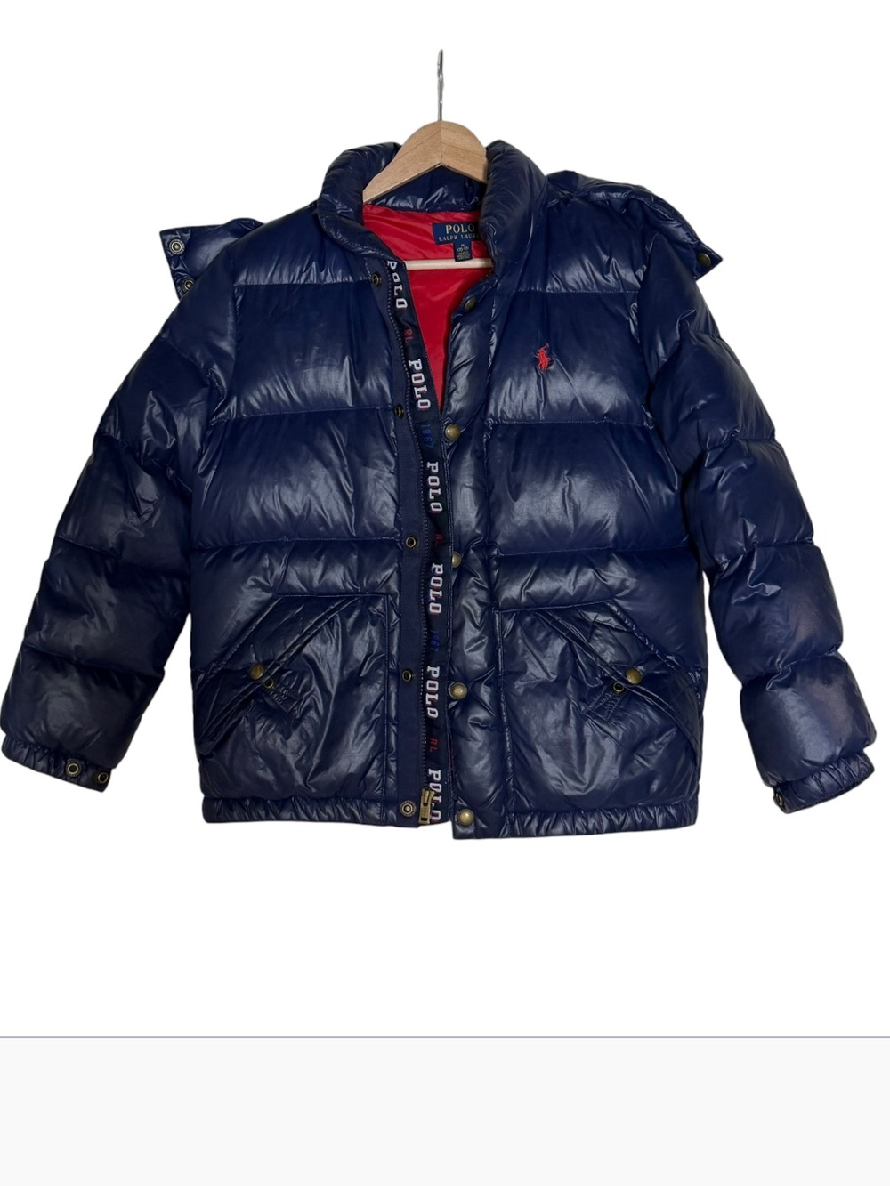 Polo Ralph Lauren Glossy Navy Blue Quilted Hooded Puffer Jaket Size M Navy Blue